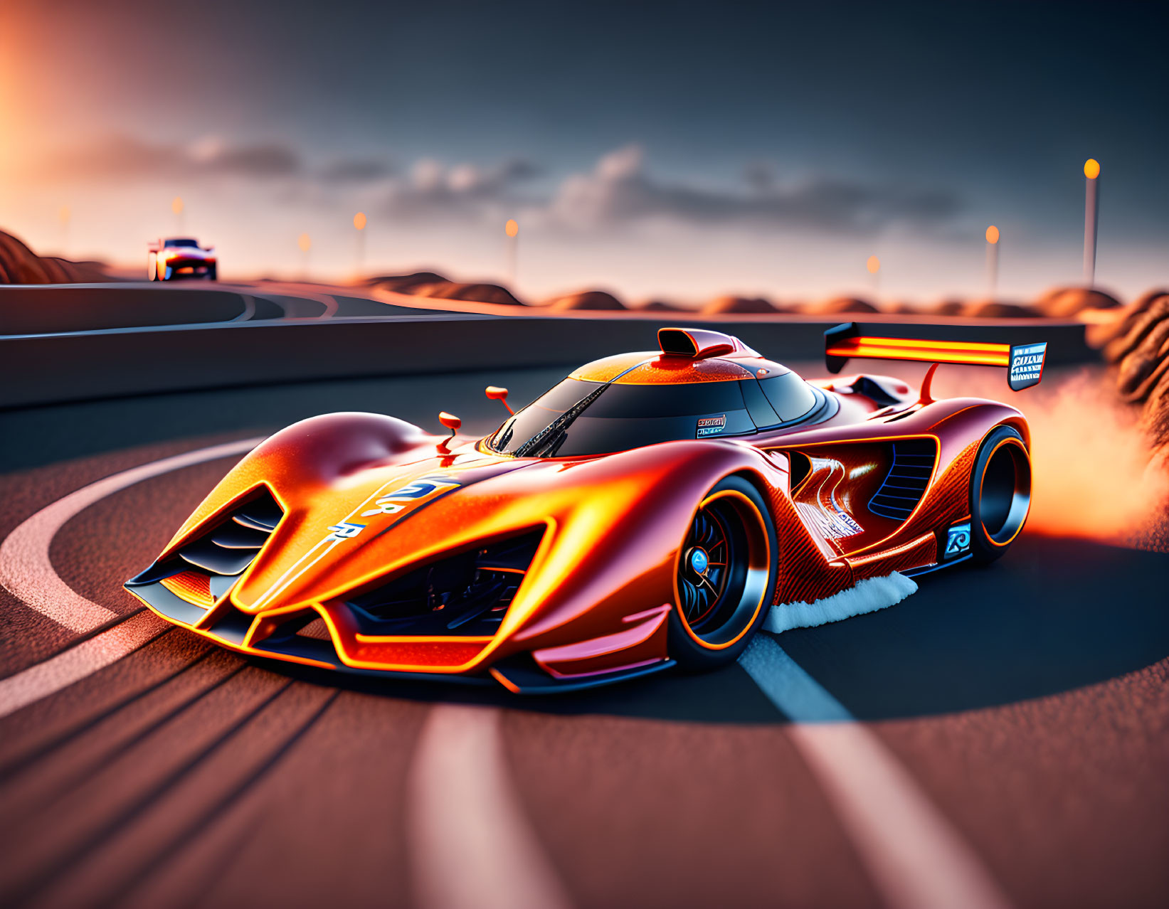 Futuristic orange race car on curving track at sunset