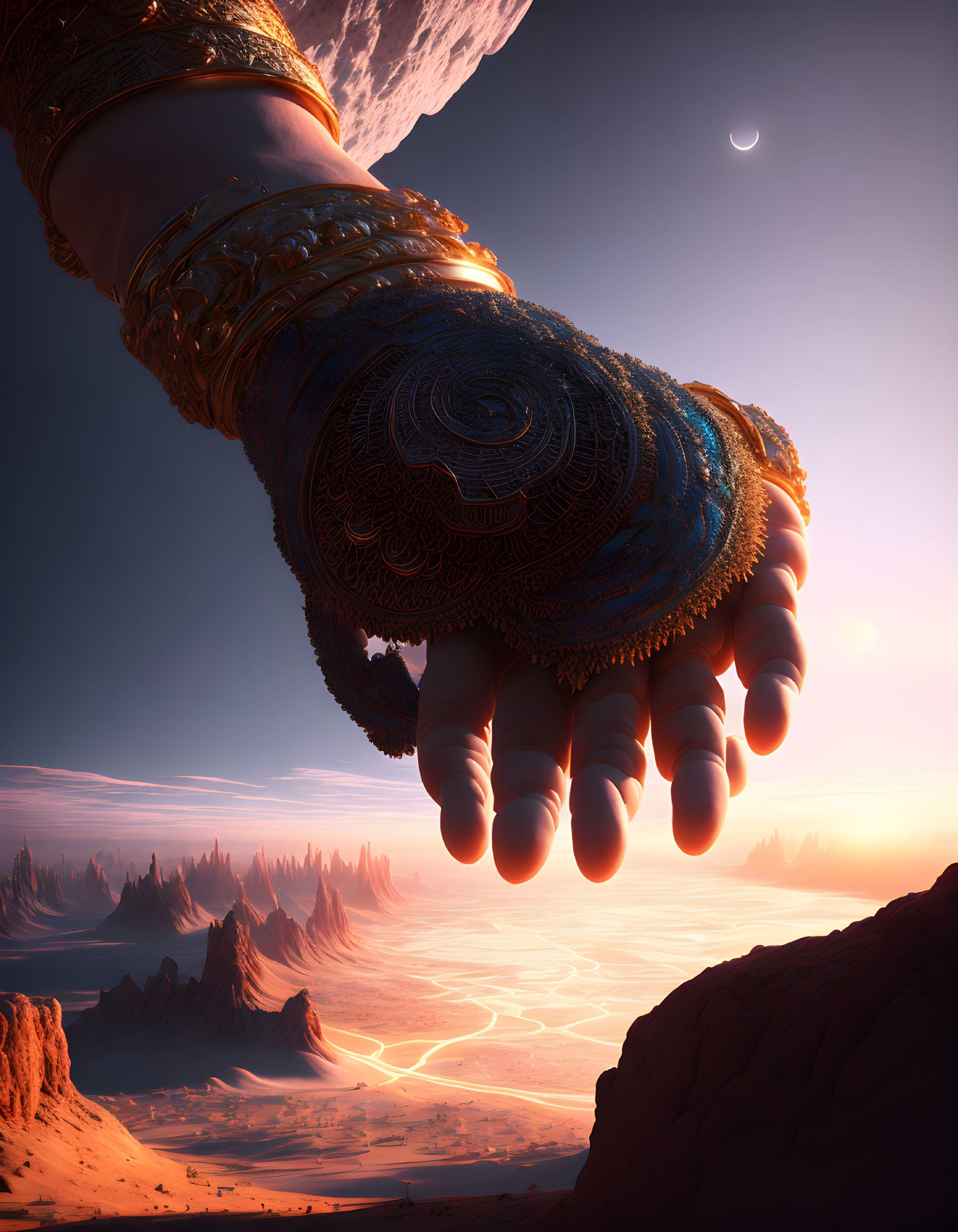 Ornate hand reaching into surreal twilight landscape