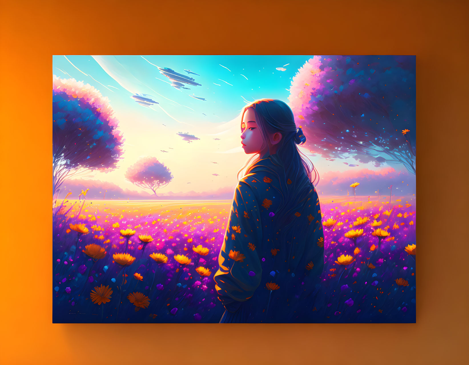 Woman in surreal purple and orange flower field under vivid blue sky