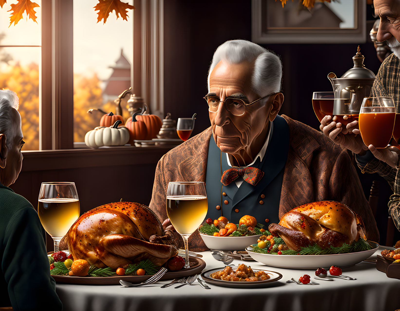 Illustrated family Thanksgiving meal with turkey centerpiece and autumnal decor.