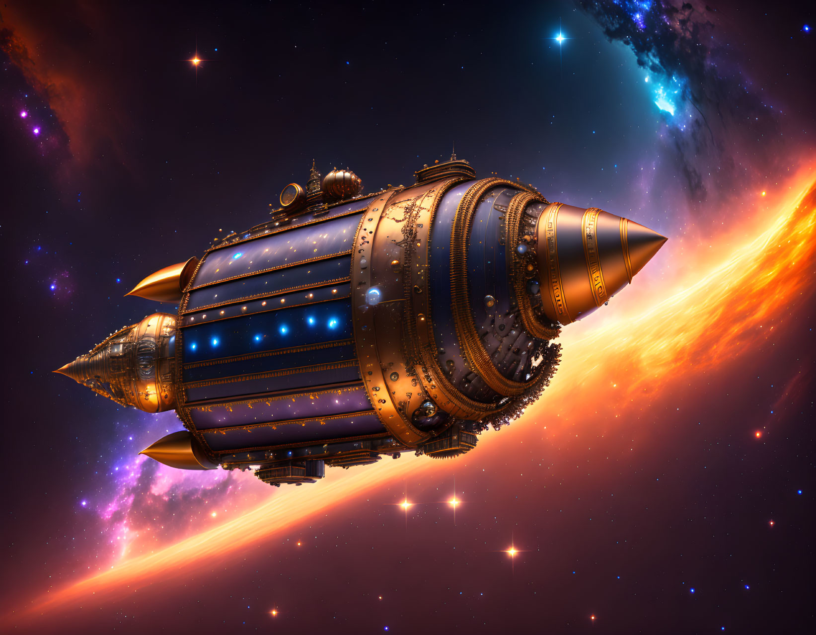 Steampunk-style spaceship in space with glowing blue windows and fiery nebula.