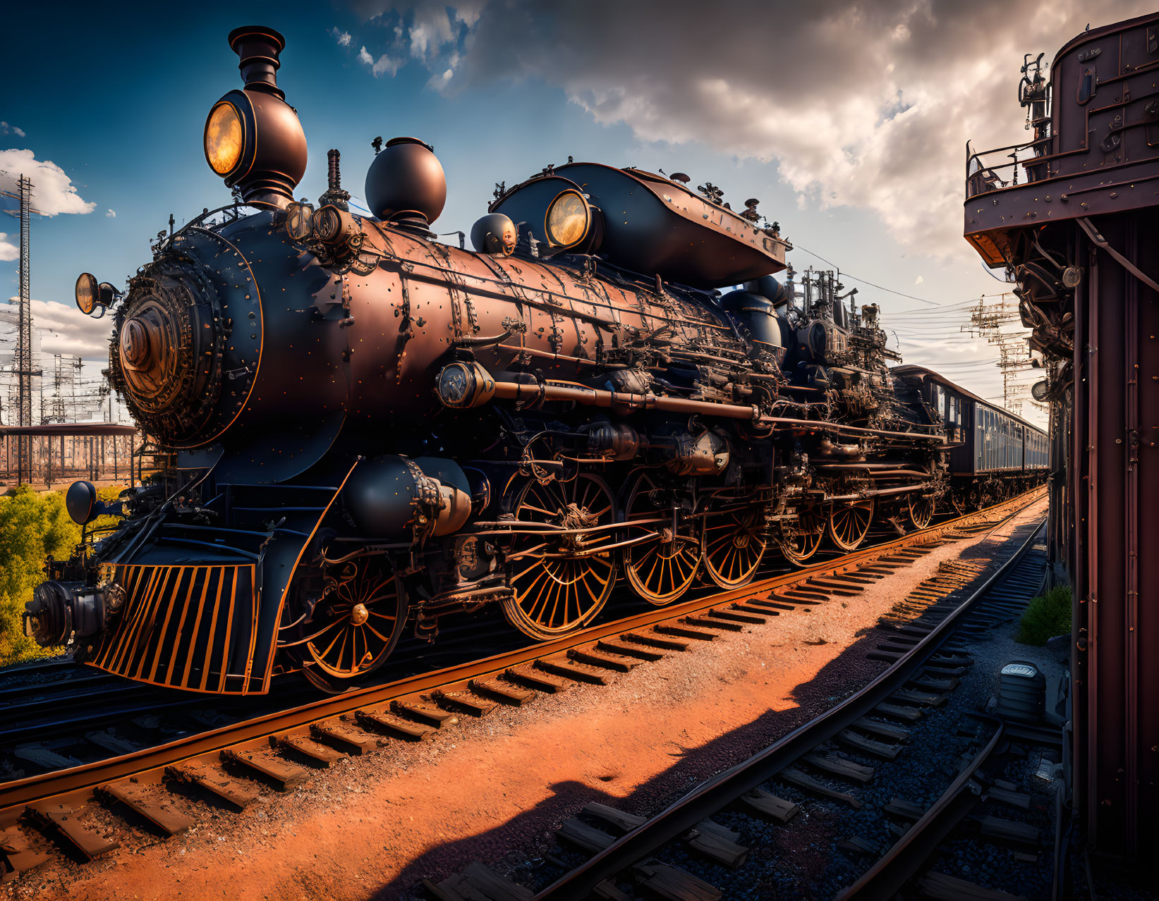 Classic Steam Locomotives on Railway with Dramatic Sky