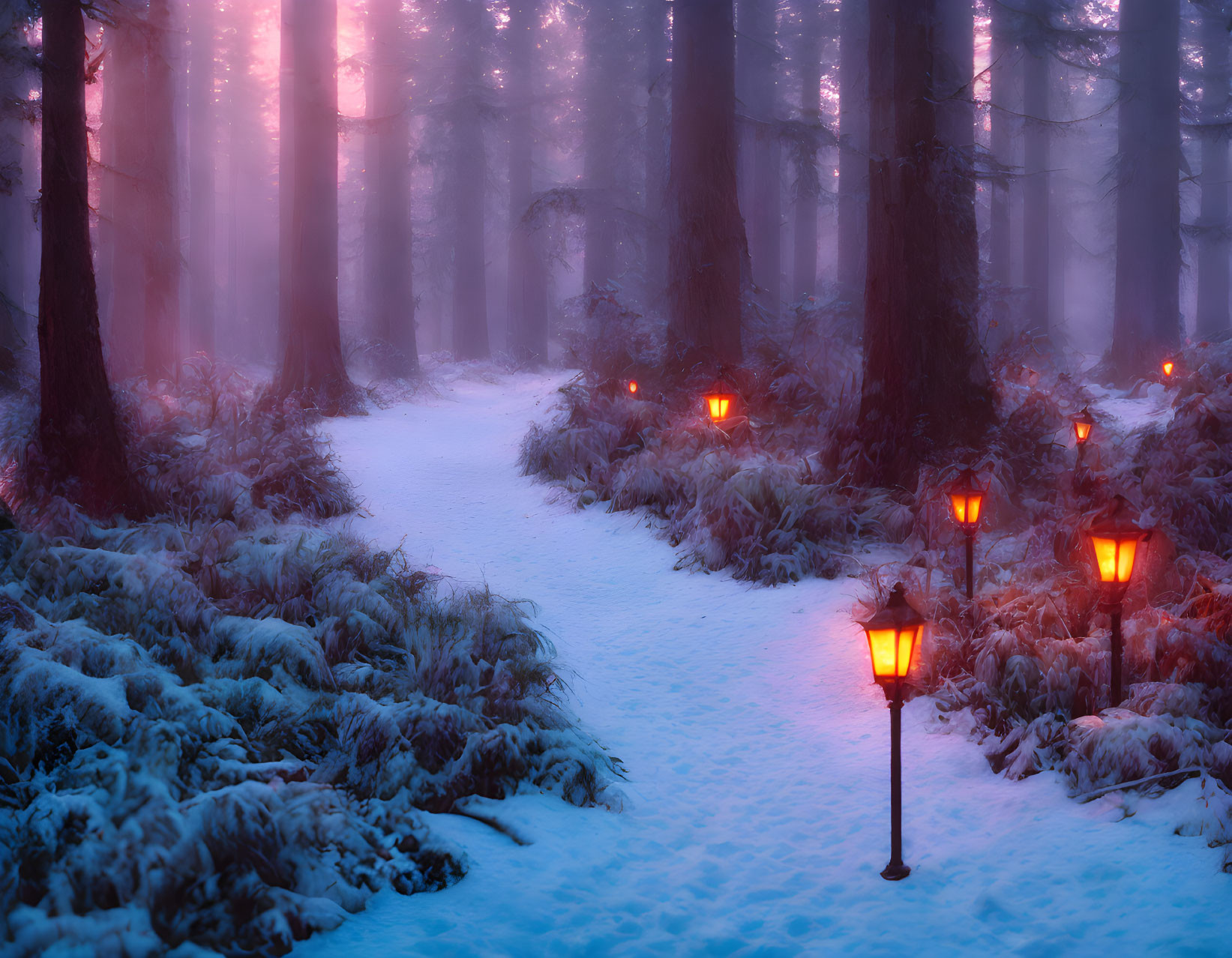 Snow-covered Pathway with Glowing Lanterns in Twilight Forest