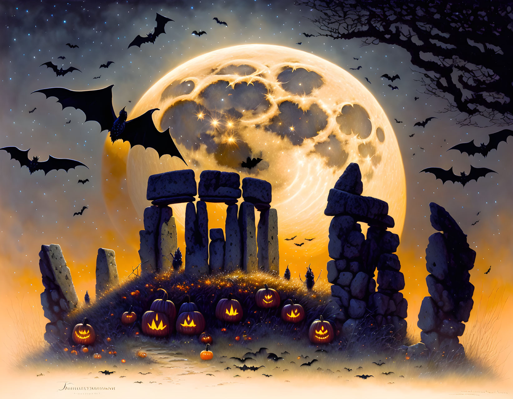 Whimsical Halloween scene with jack-o'-lanterns, Stonehenge, bats, moon