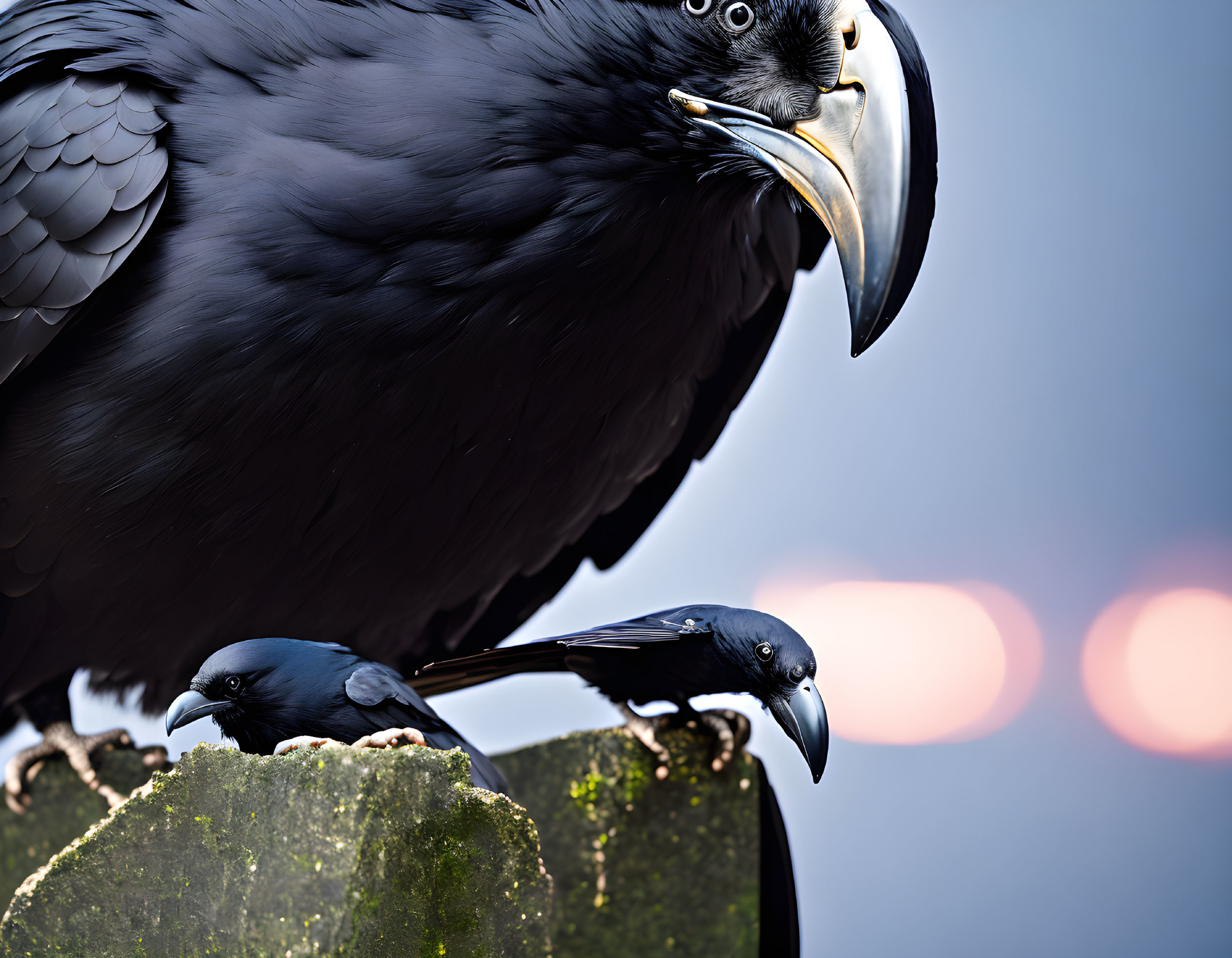 Close-up of large black bird with beak perched near smaller bird on mossy surface