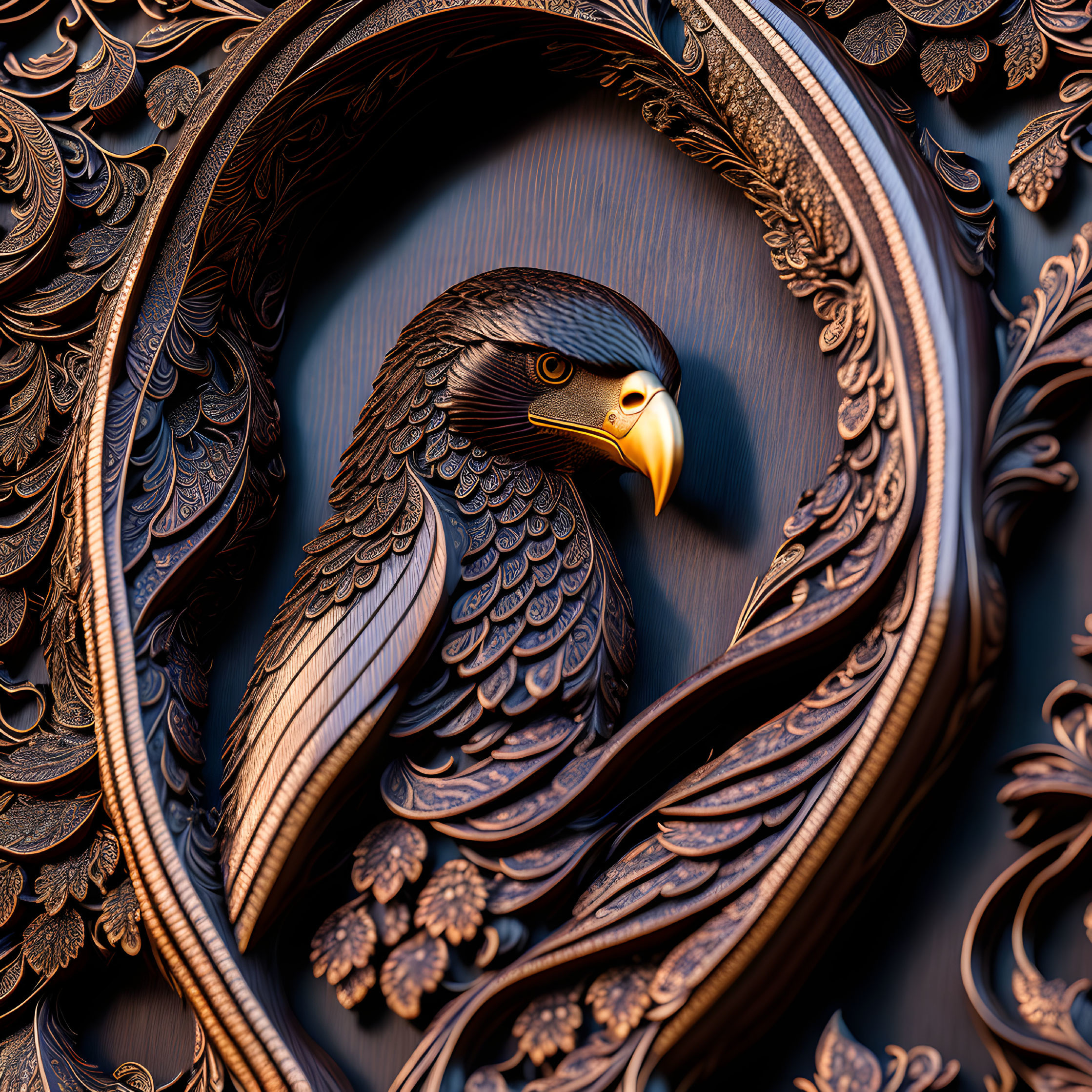 Detailed Wooden Eagle Carving in Ornate Oval Frame with Floral Patterns