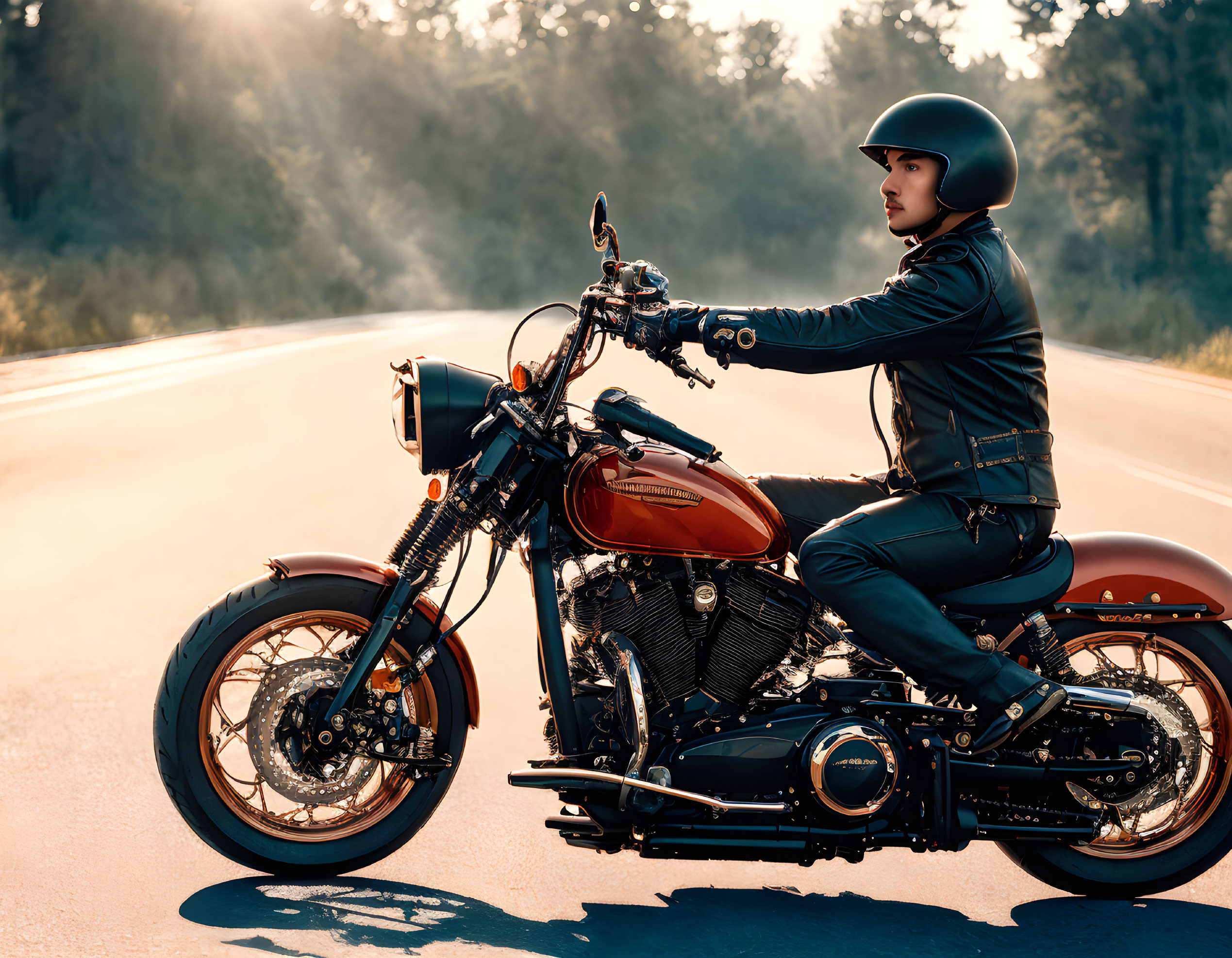 Person in leather jacket rides classic motorcycle on sunlit road among trees