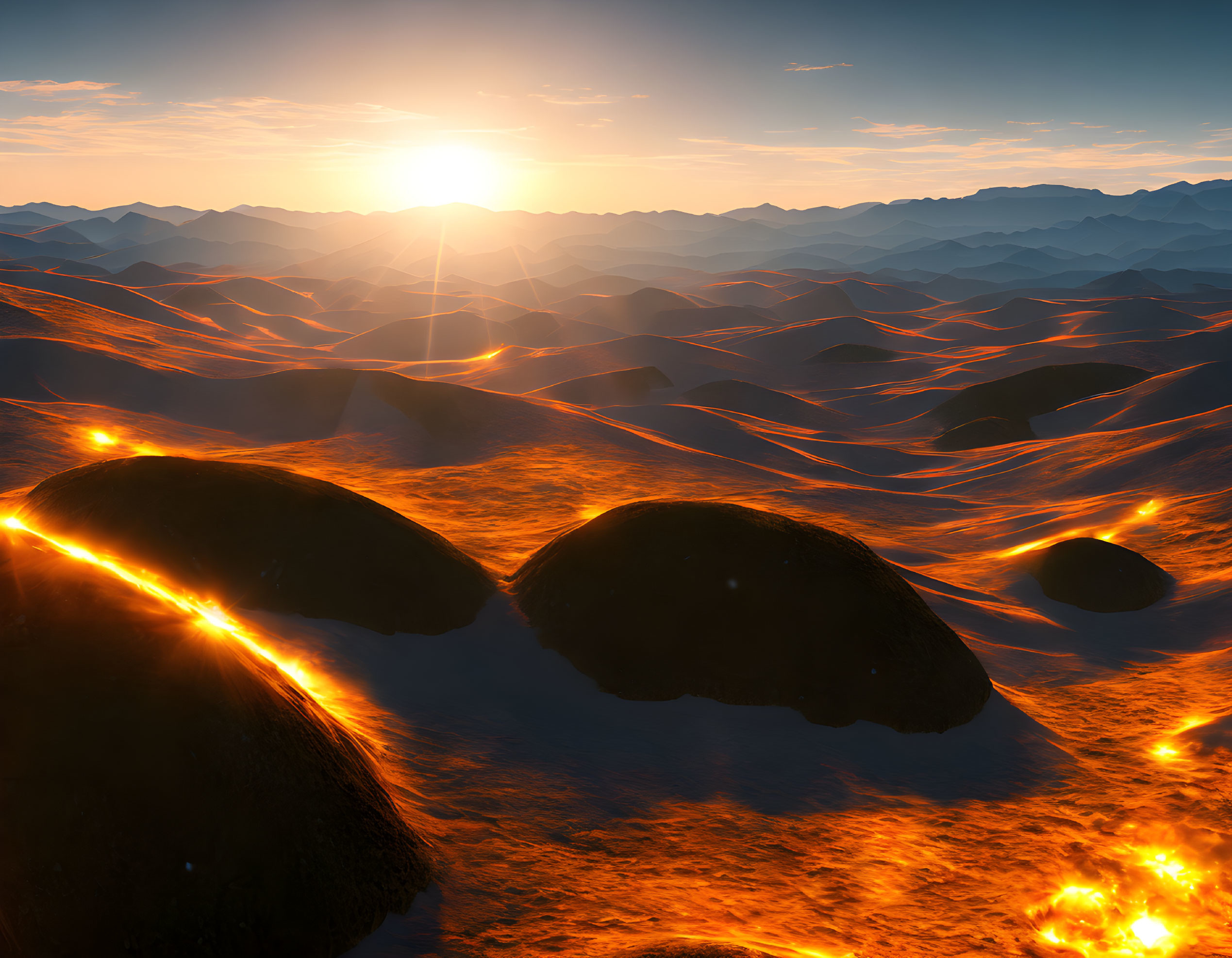 Vibrant sunset over surreal landscape with flowing lava