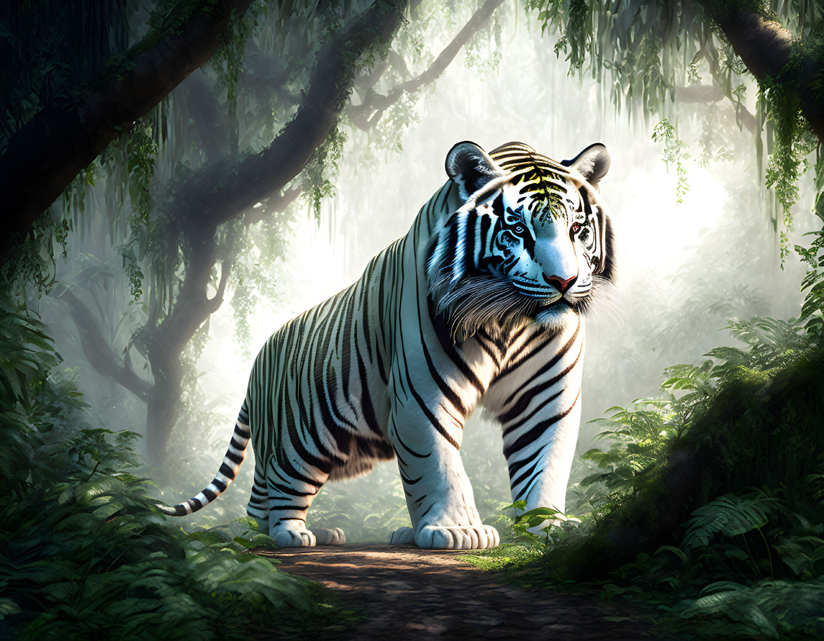 White Tiger with Blue Eyes in Enchanted Forest Setting