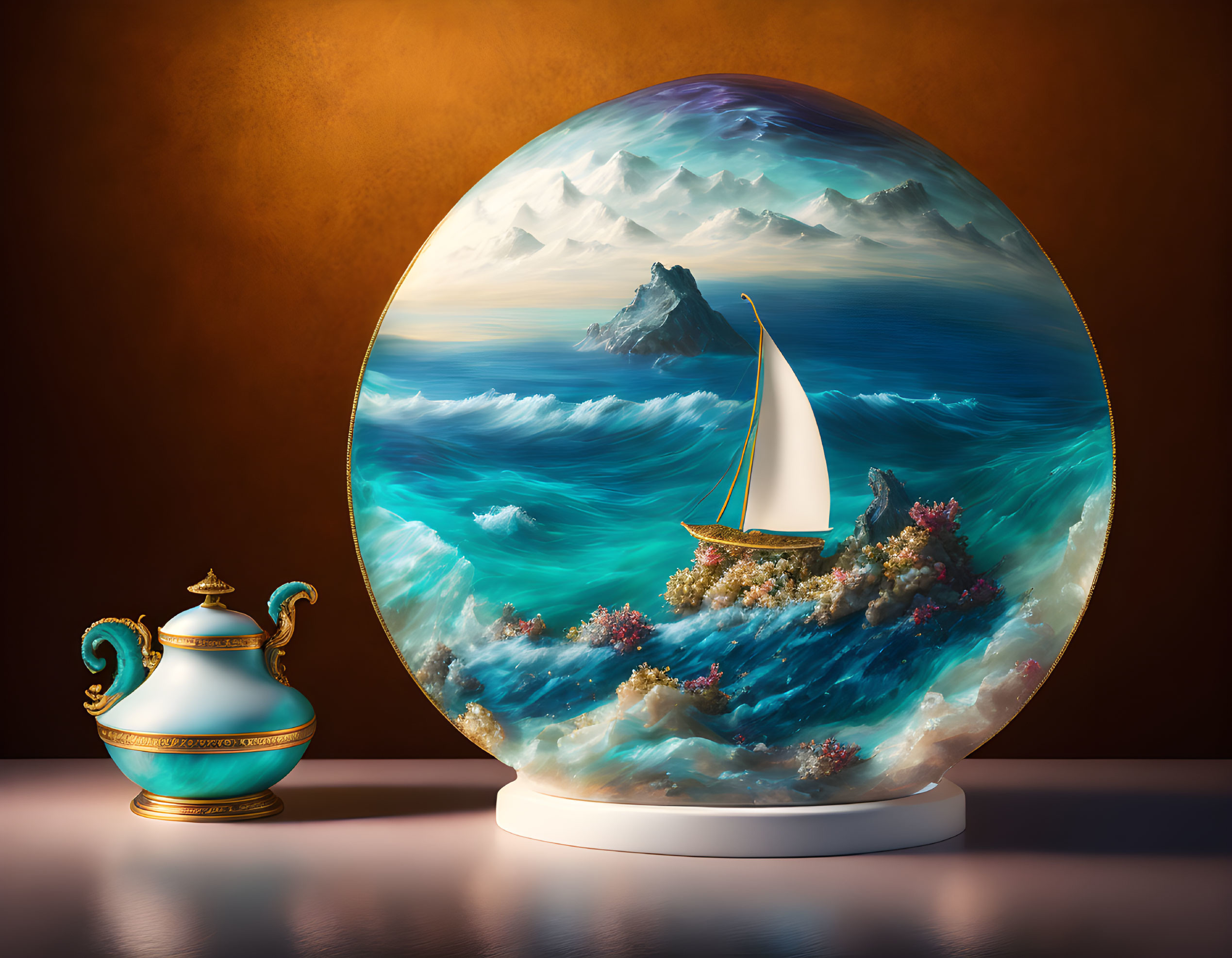 Surreal sailboat in transparent oval with ocean waves and ornate teapot on moody backdrop