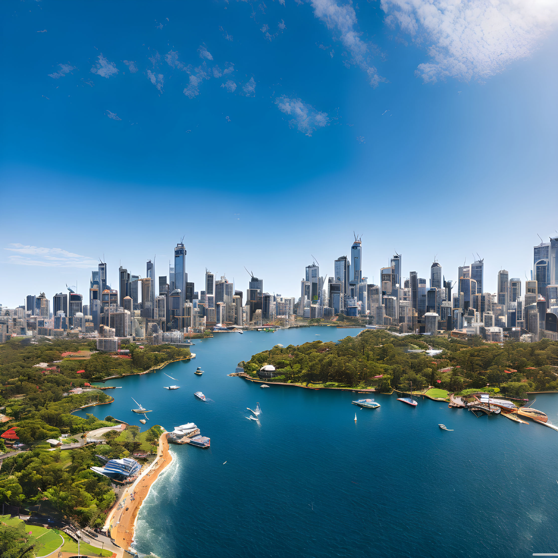 Modern city skyline with skyscrapers, bay, boats, and parklands under clear blue sky