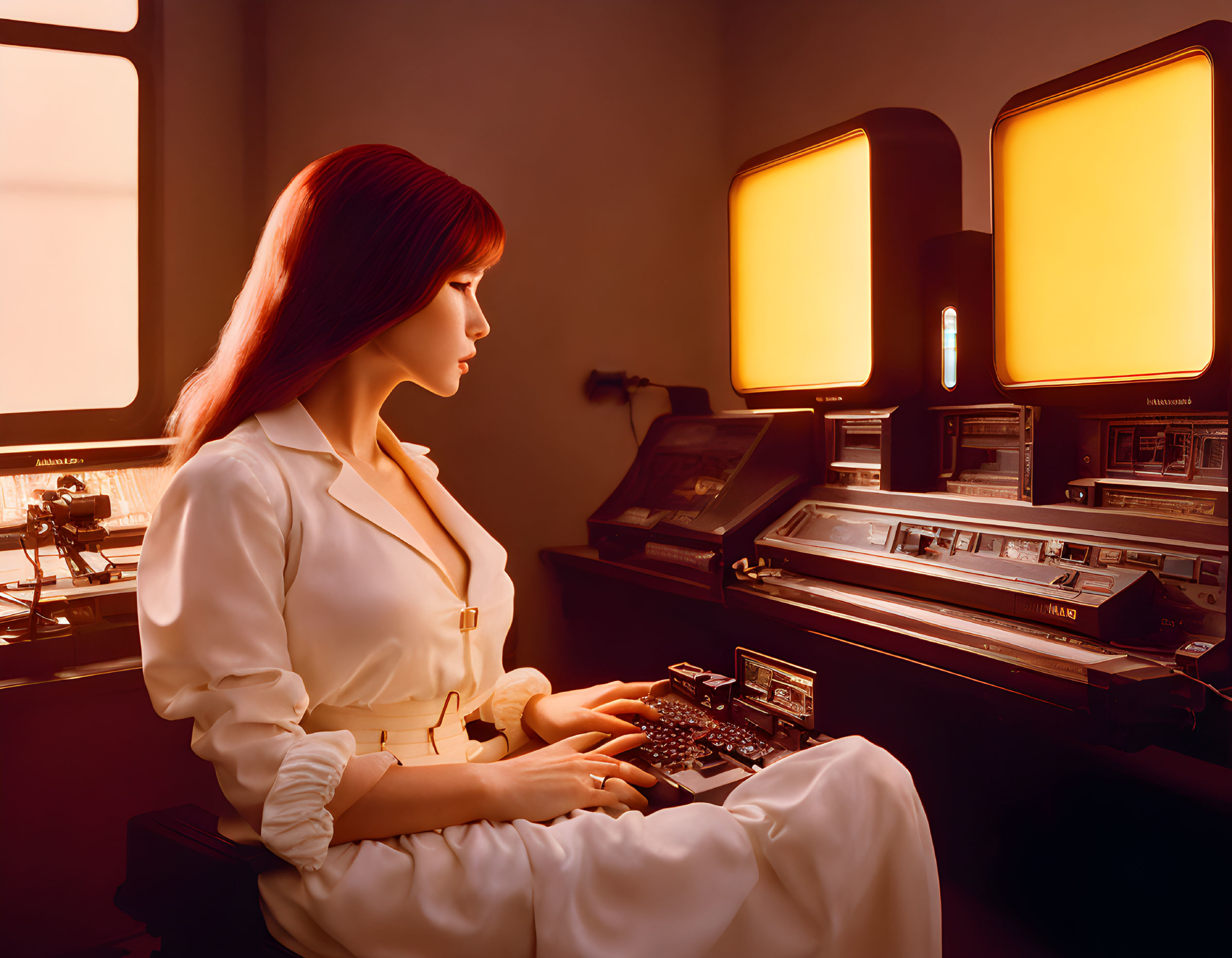 Woman in white outfit at retro computer console with large orange screens in vintage sci-fi setting