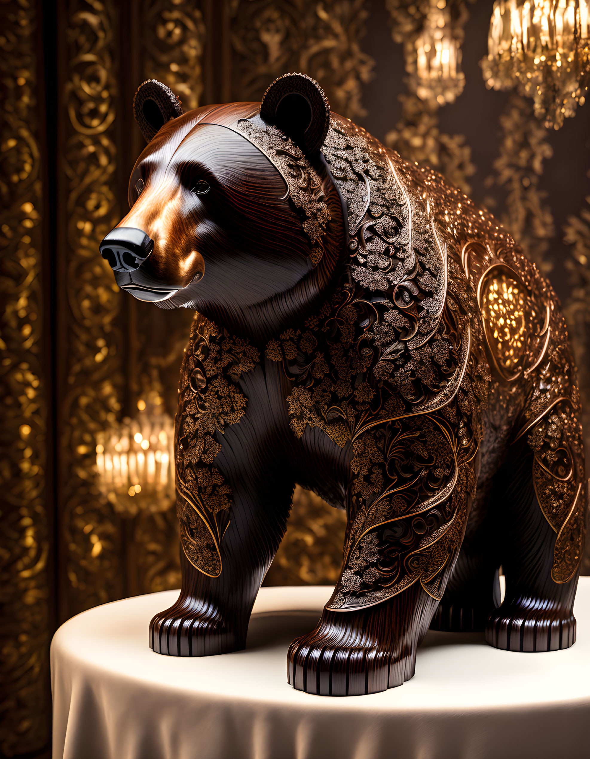 Intricate Bear Sculpture on Table with Golden Backdrop