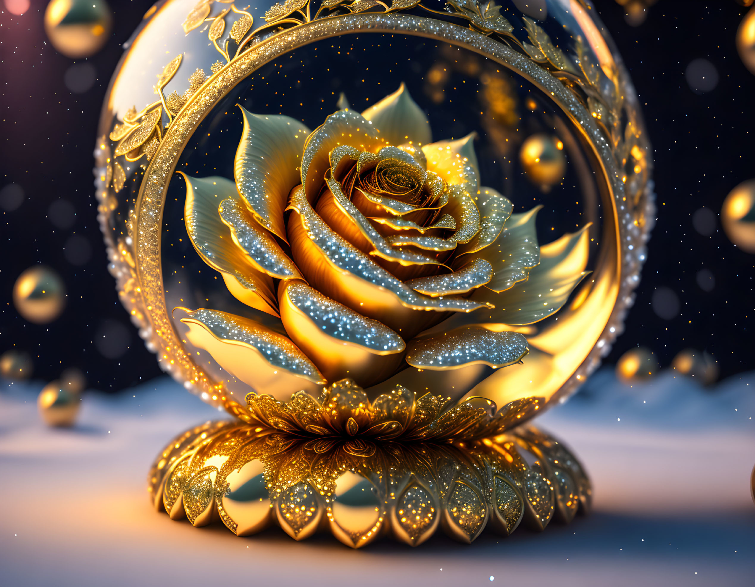 Golden Rose in Crystal Ball with Starry Background