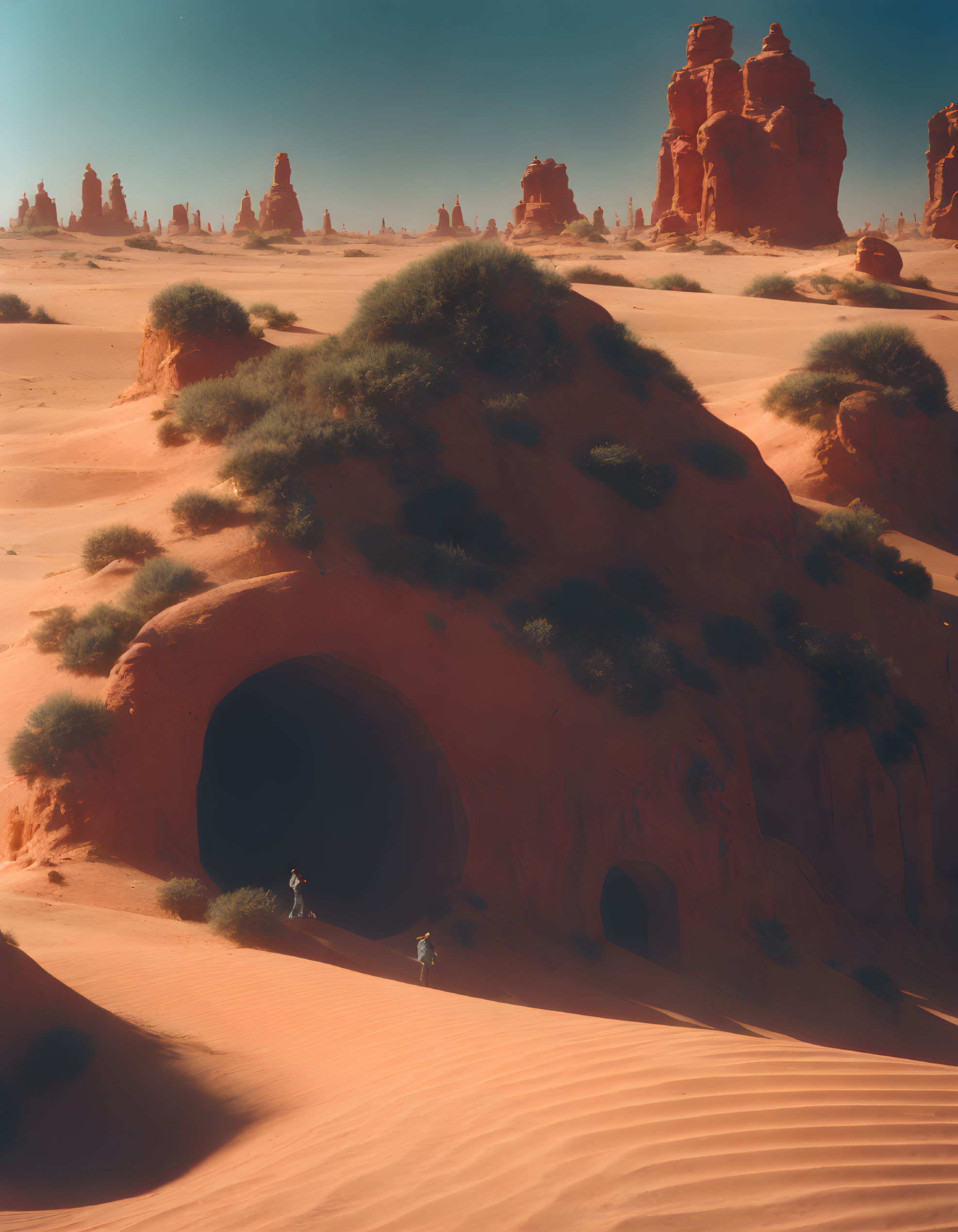 Person at Entrance of Large Cave in Red Desert with Towering Rock Formations