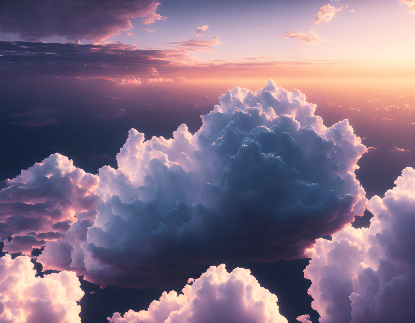 Pastel sunset illuminating billowy clouds in serene skyscape