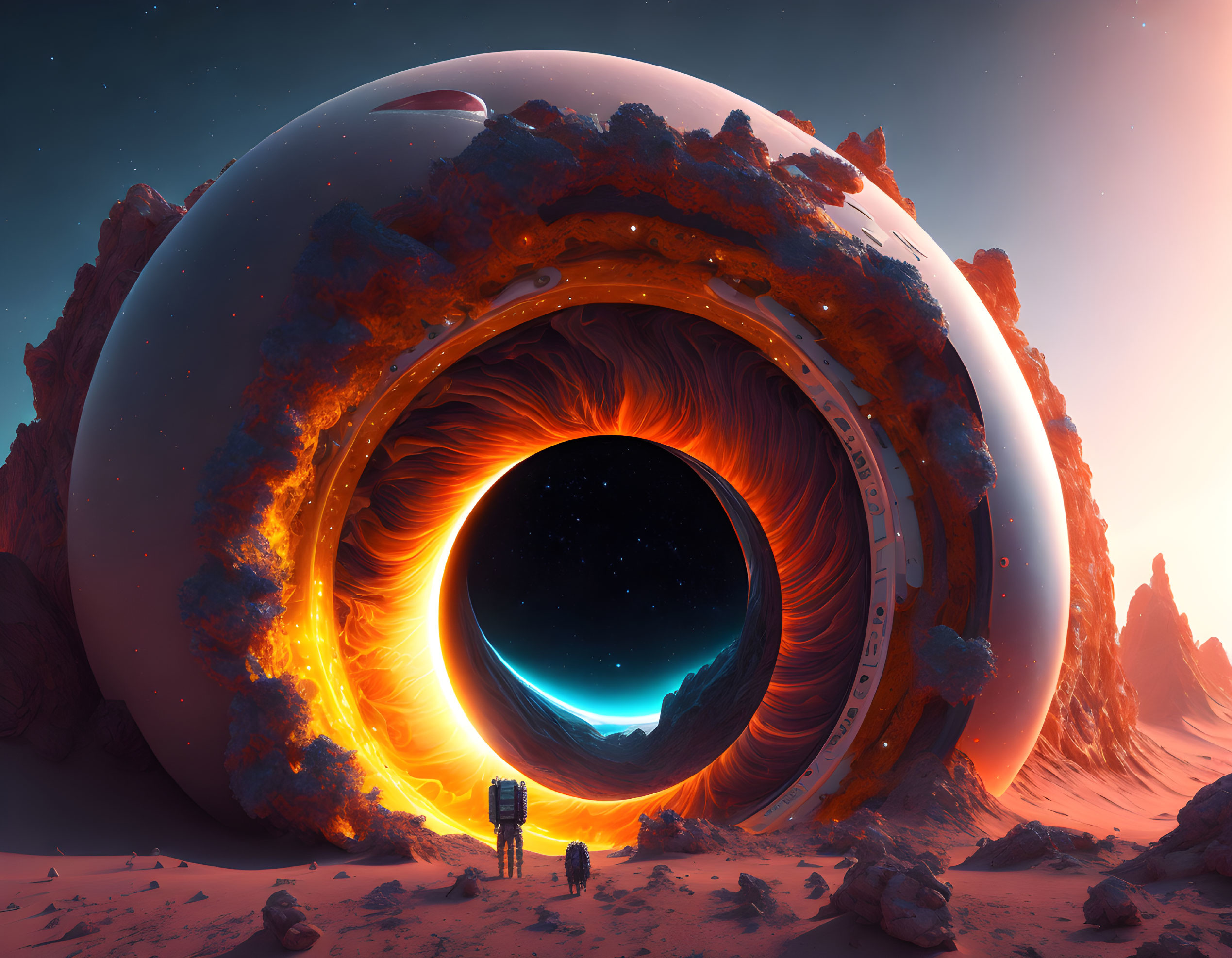 Futuristic portal on desert alien planet with glowing lights and figures under starry sky