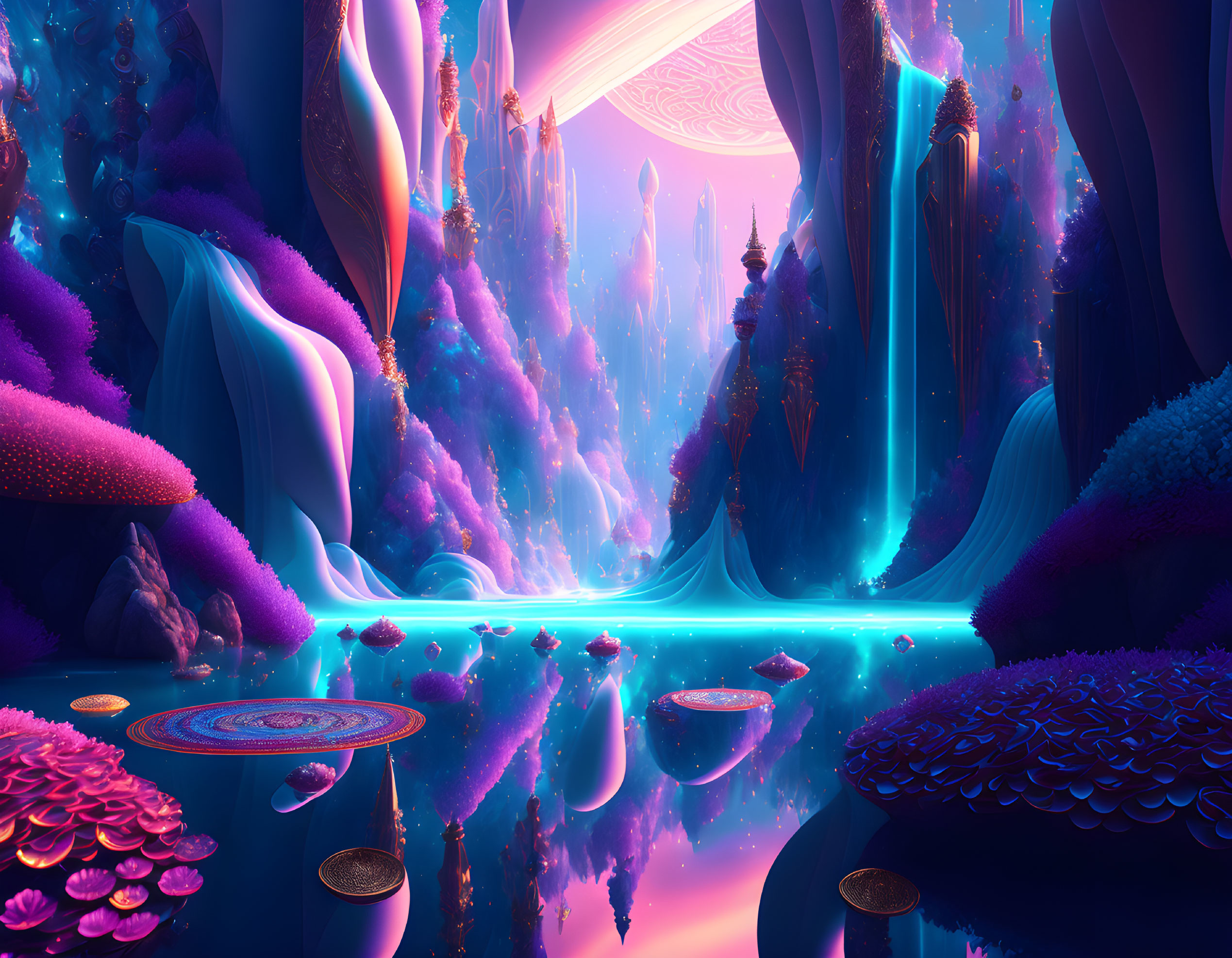 Colorful Fantasy Landscape with Crystal Formations and Alien Flora