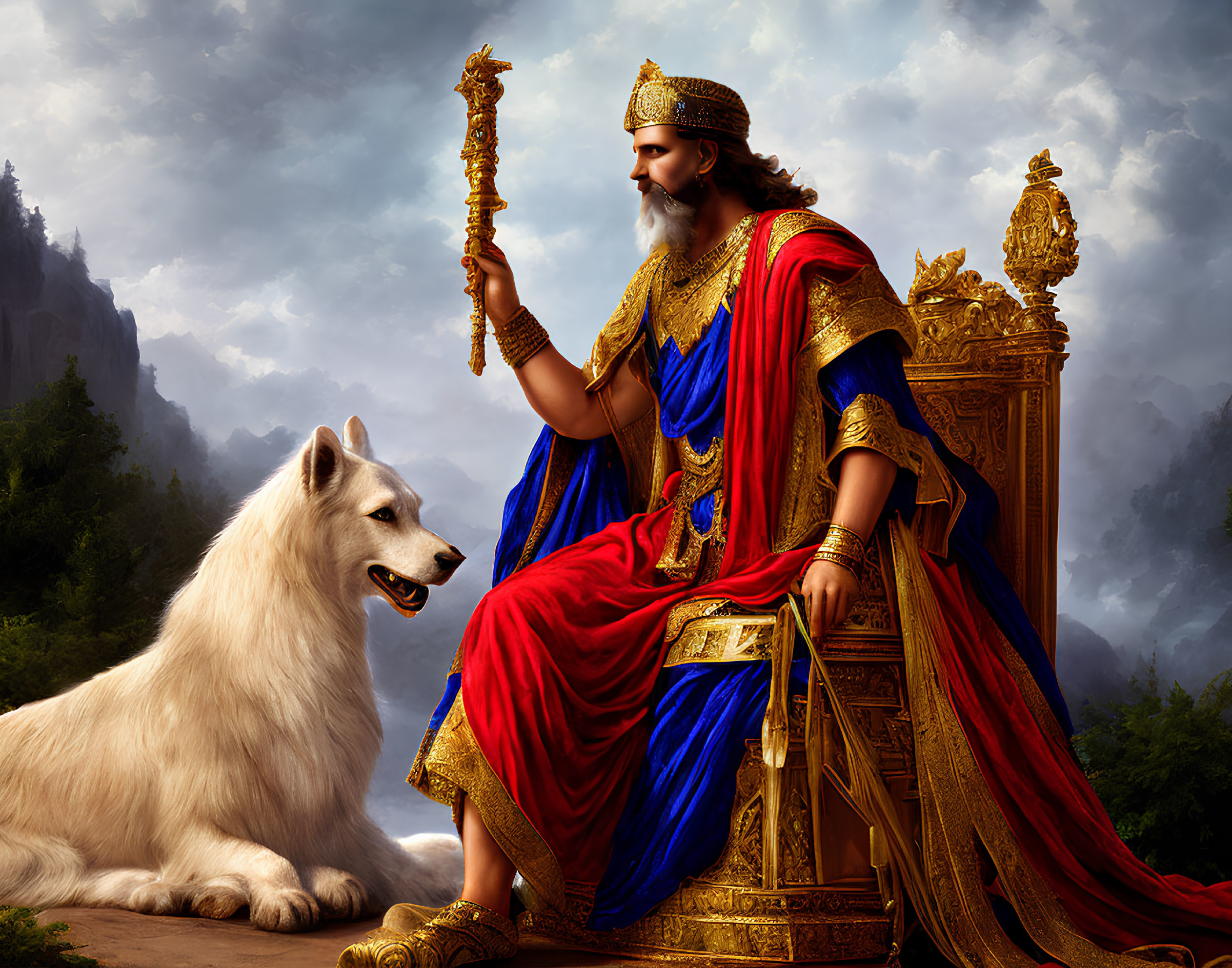 Regal figure in gold-and-blue robes on throne with scepter and dog in mountain setting