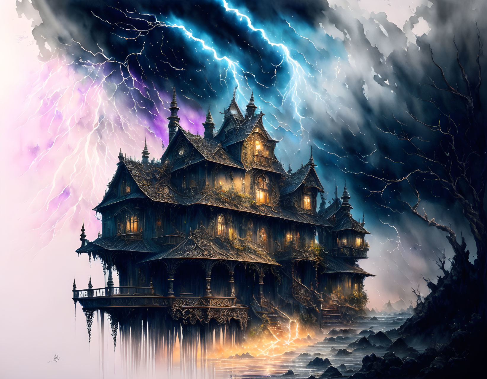 Eerie mansion with glowing windows under tempestuous sky and vibrant lightning.