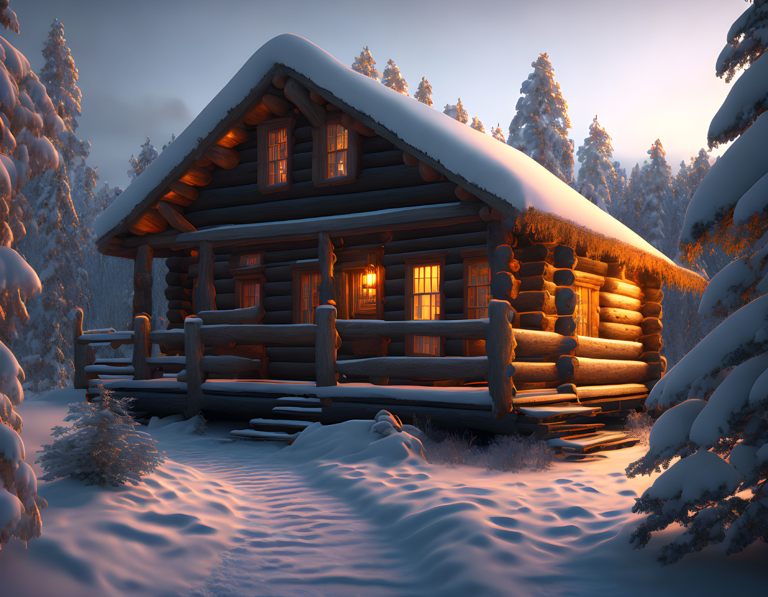 Snowy forest log cabin at twilight: Cozy winter scene.