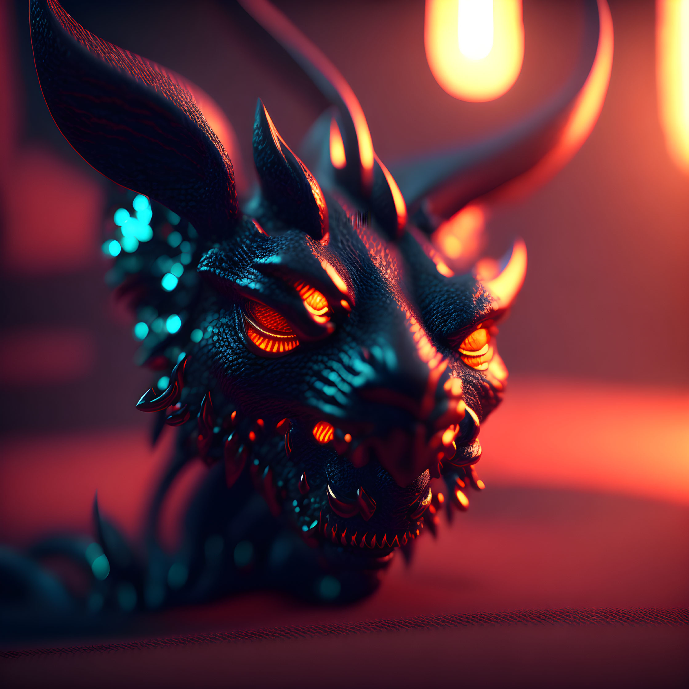 Detailed 3D Dragon Head Render with Glowing Red Eyes on Moody Background