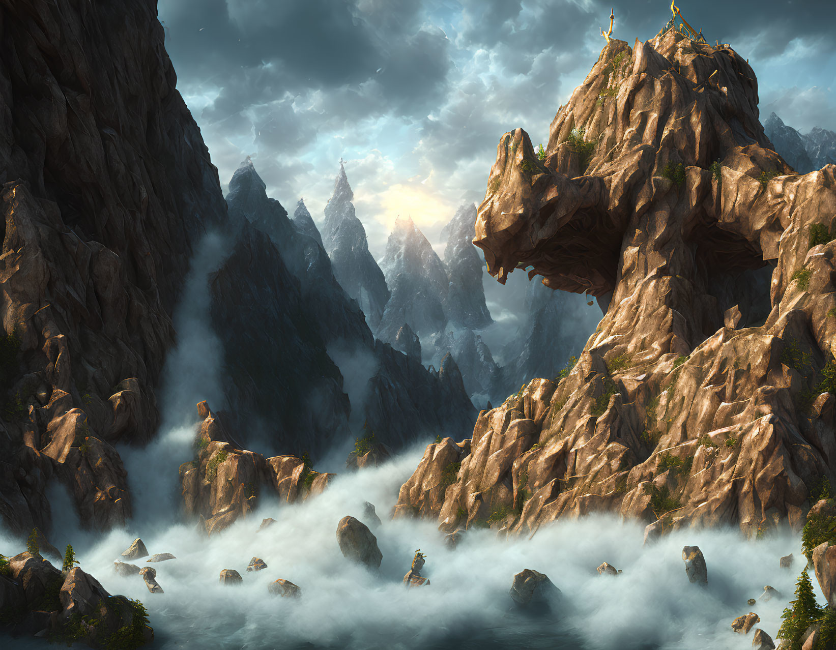 Majestic landscape: rocky cliffs, stone arch bridge, misty mountains.