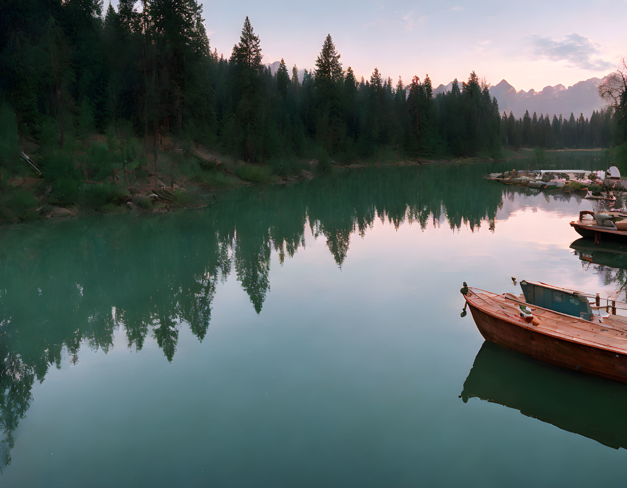 Twilight scene of serene lake with boats and pink sky reflection