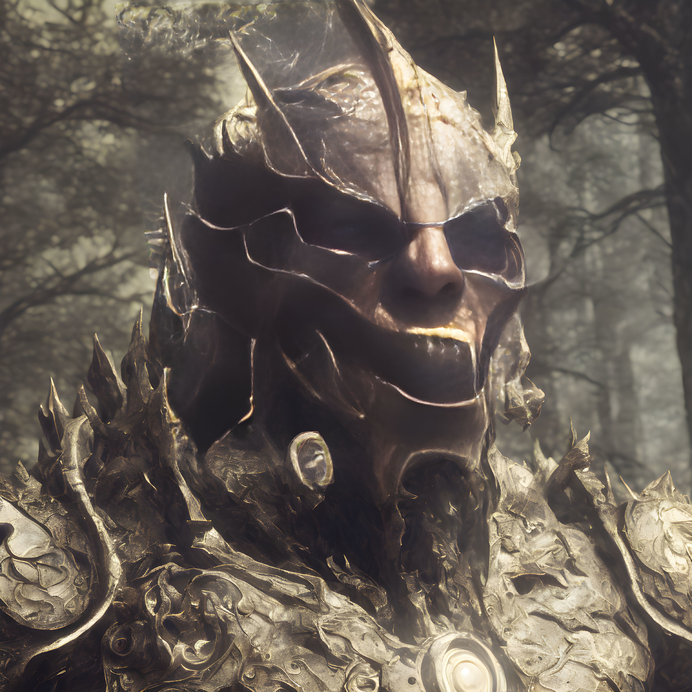 Fantasy character with horned metallic mask and armor in misty forest