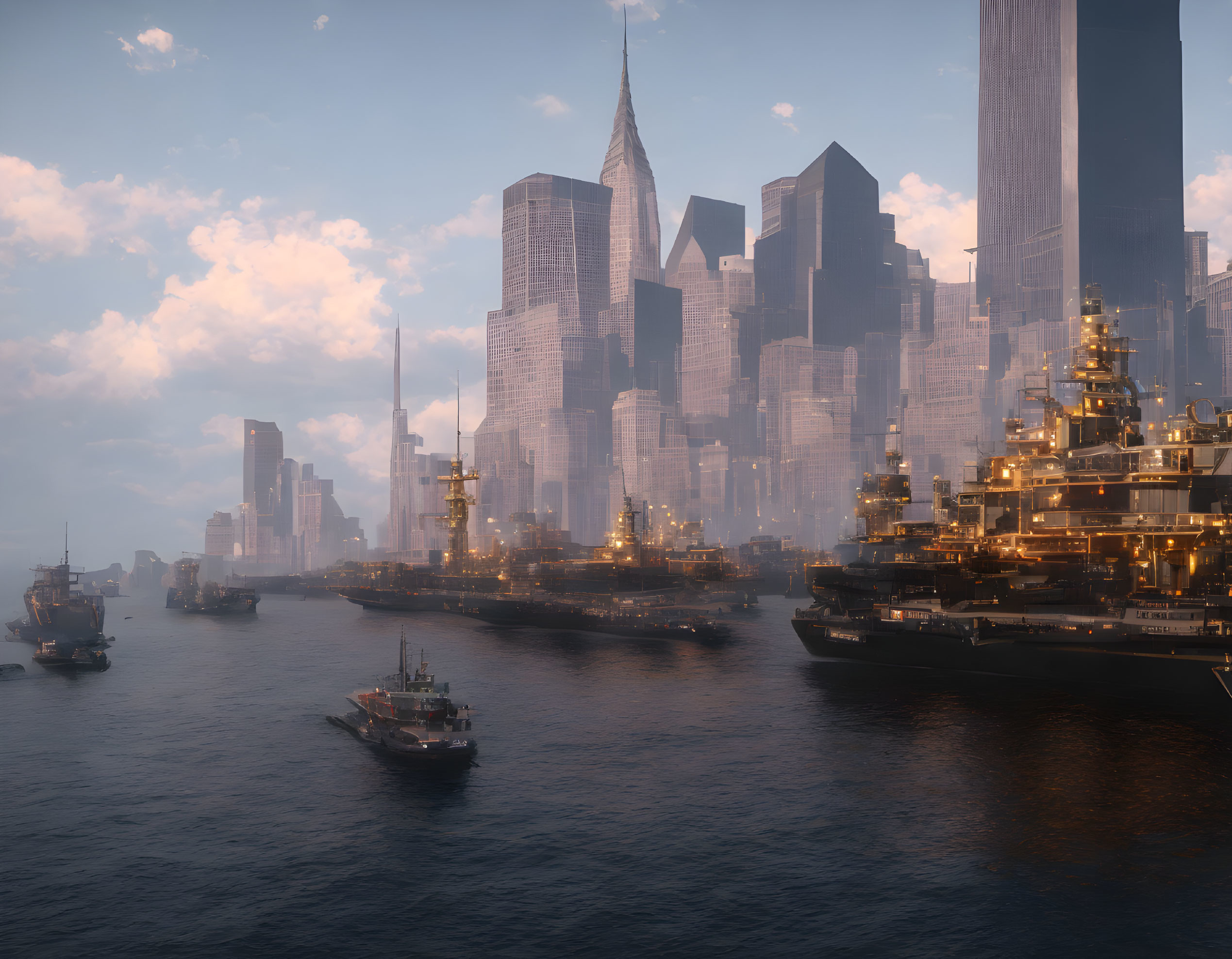 Modern ships near futuristic city skyline at sunset.