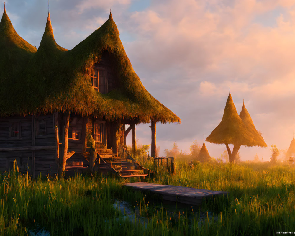 Rustic Thatched-Roof Cottage in Tall Grass at Sunset