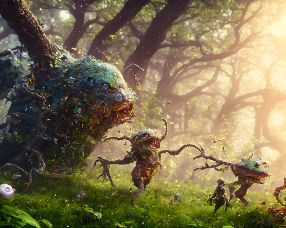 Fantastical forest scene with whimsical tree creatures frolicking under sunlight