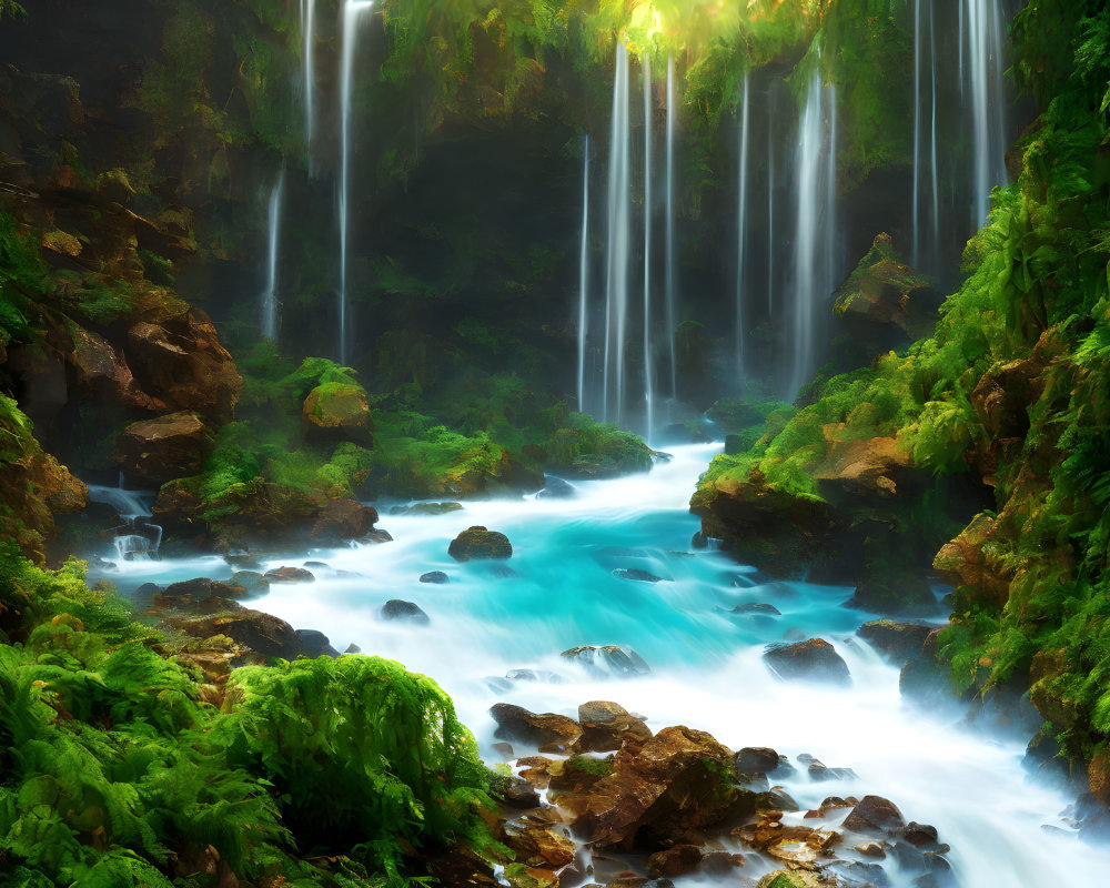 Tranquil Waterfall in Lush Greenery and Turquoise Water