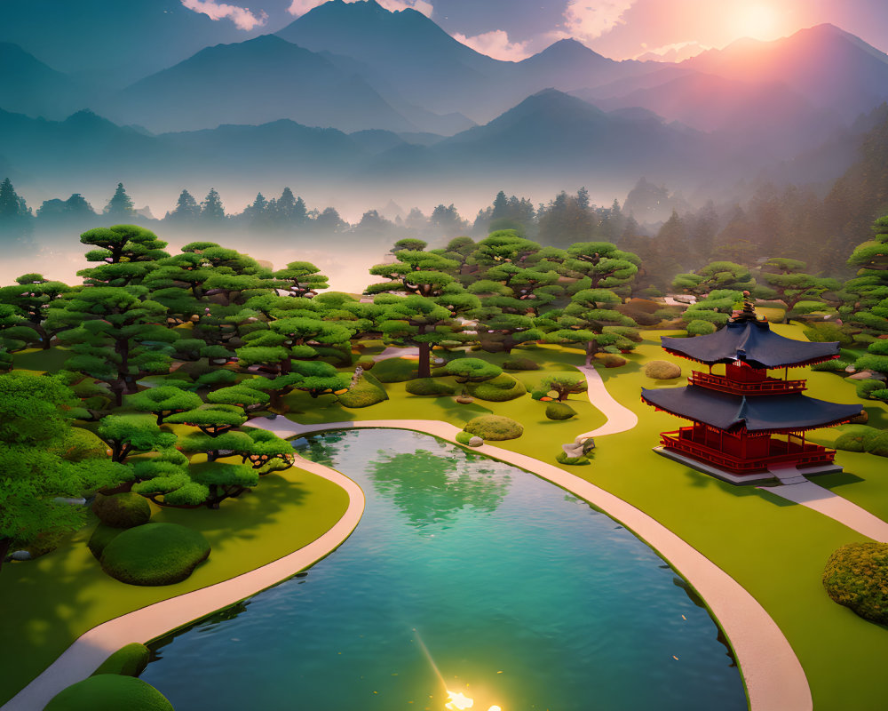 Tranquil Japanese garden with pond, bonsai trees, misty mountains, and red pagoda