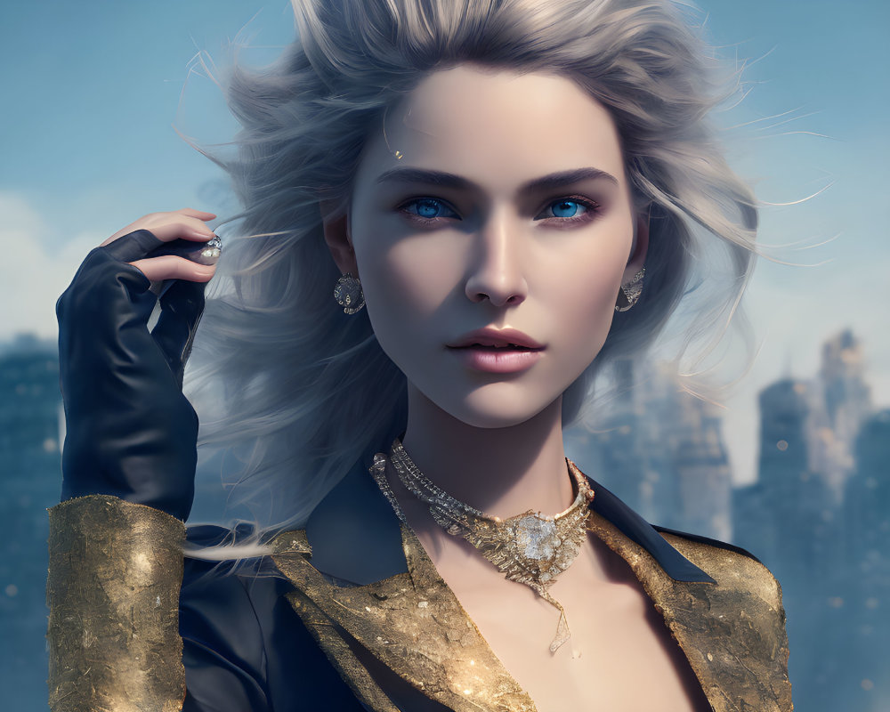 Portrait of woman with blue eyes, blond hair, black and gold jacket, cityscape background