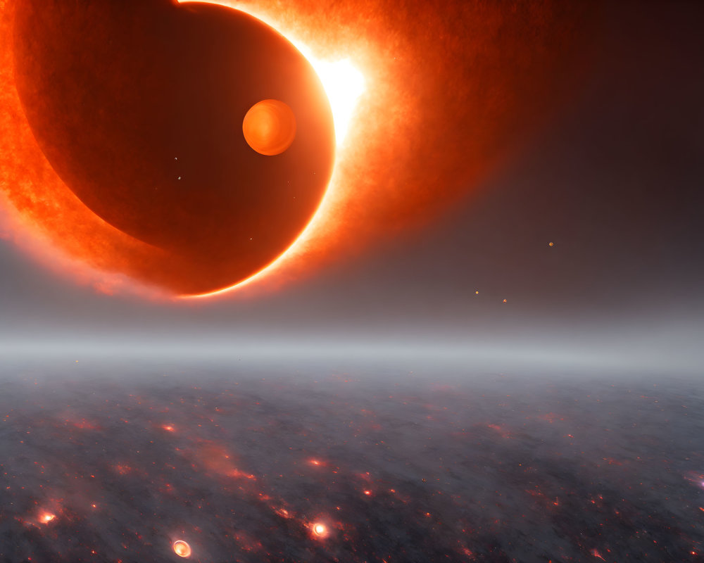 Large red sun eclipsing smaller planet against cosmic backdrop