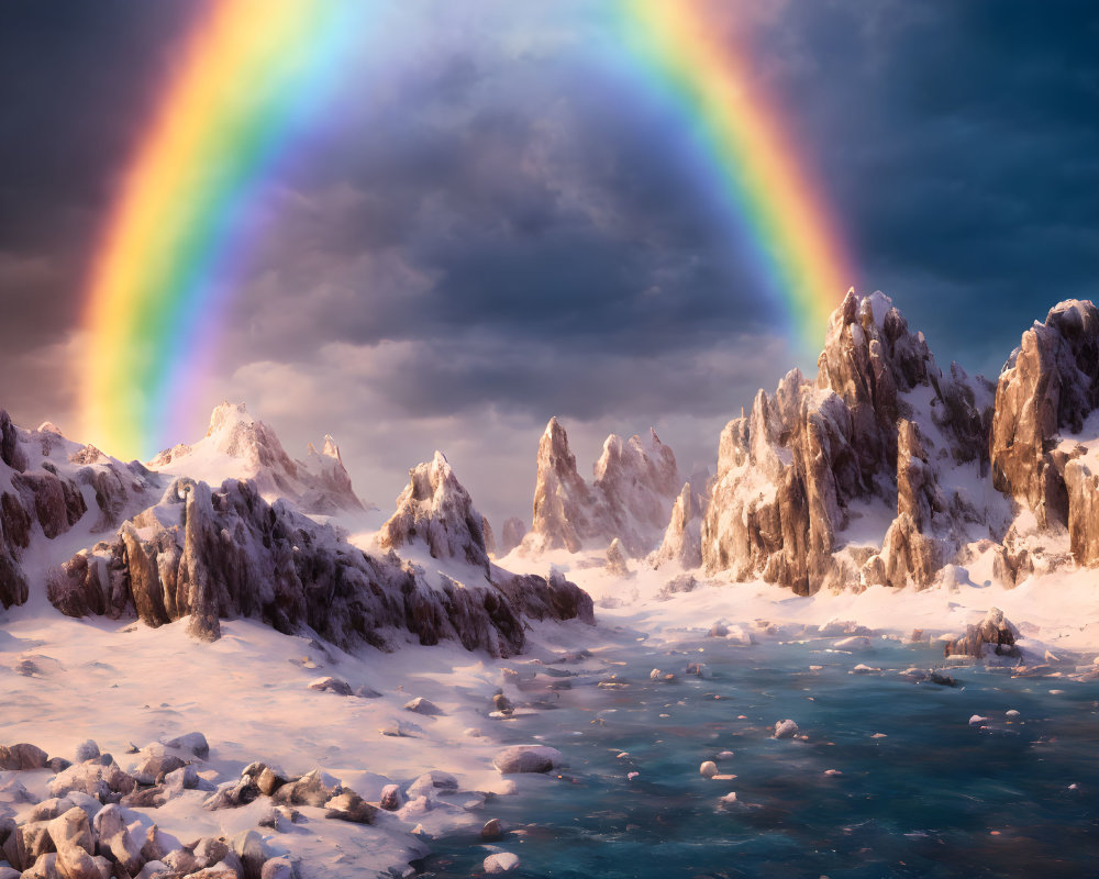 Colorful rainbow over snowy peaks and icy waterway landscape.