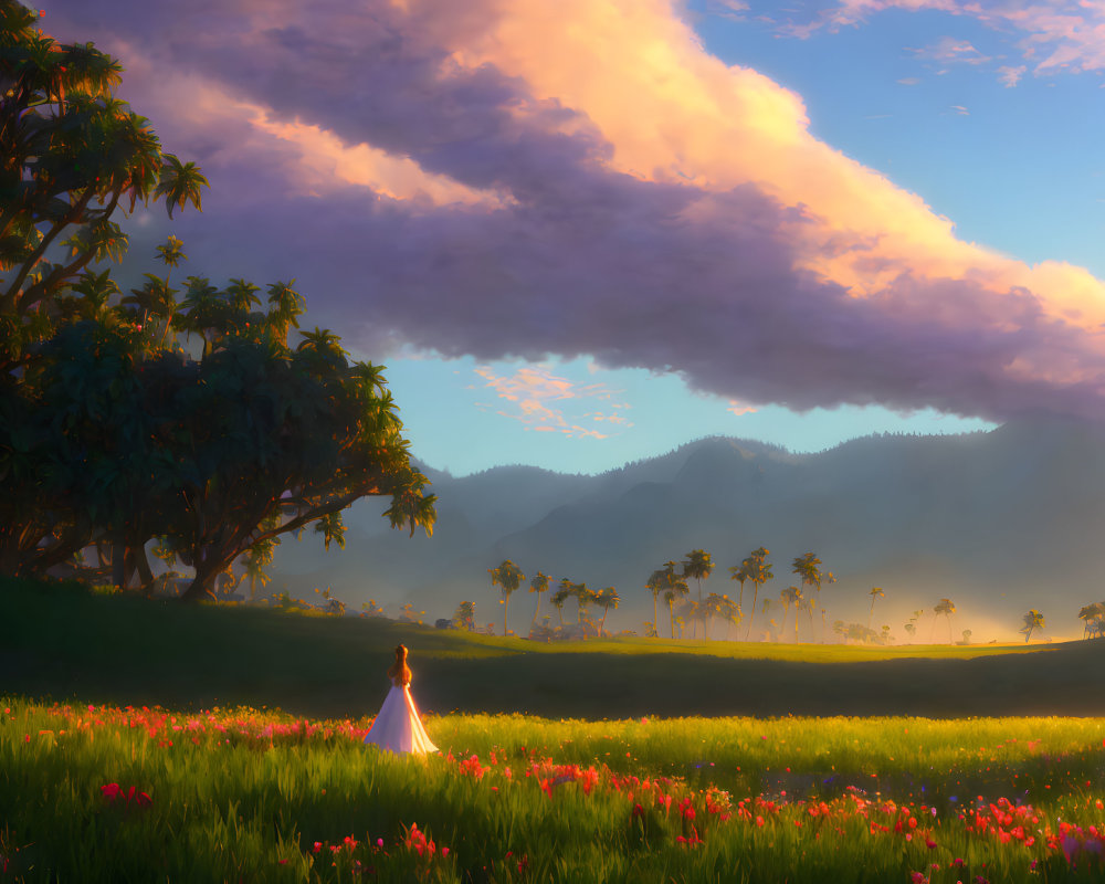 Woman in white dress in vibrant meadow at sunset with lush trees and mountains.