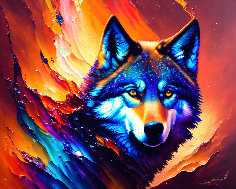 Vibrant Wolf Head Art with Fiery & Cool Swirling Hues