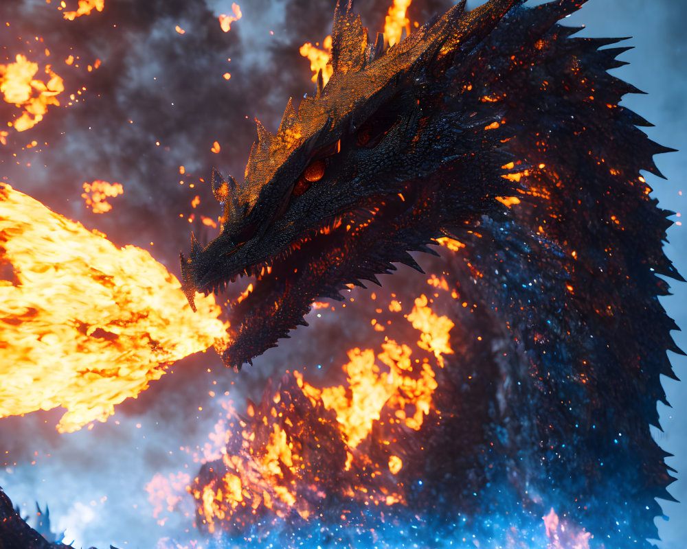 Majestic dragon breathing fire in a fiery landscape