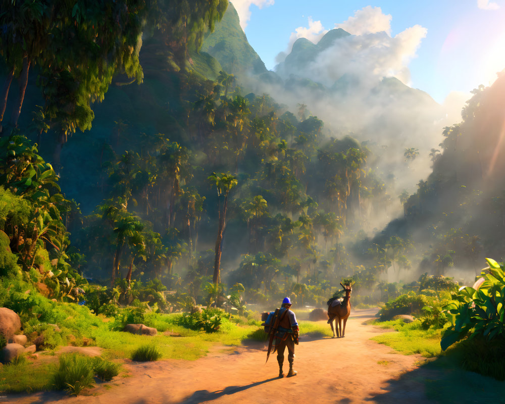 Riders on Horseback in Sunlit Forest with Mountains