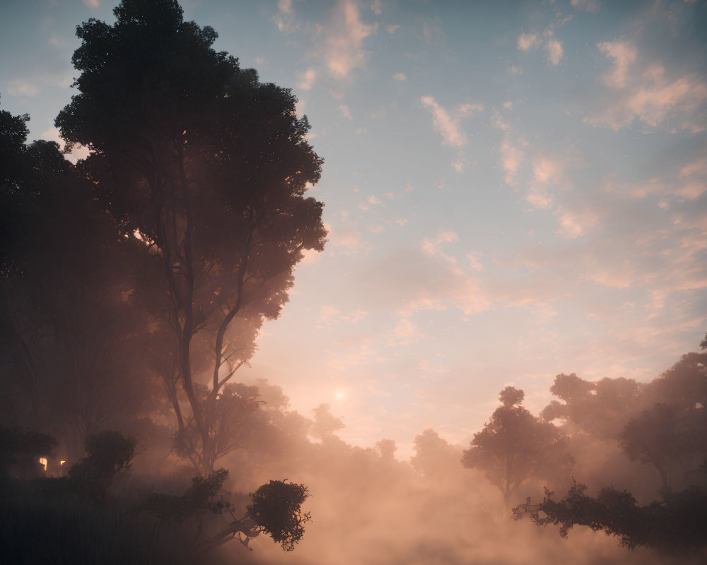 Misty forest at sunrise with serene atmosphere