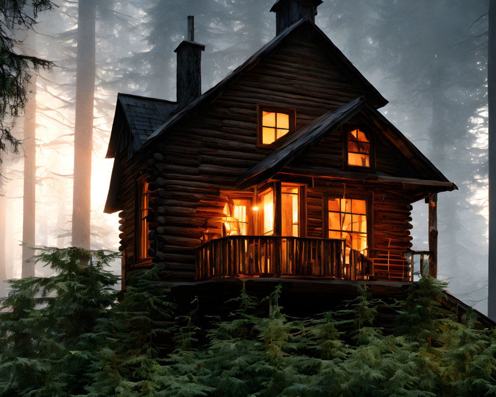 Cozy log cabin in misty forest with illuminated windows