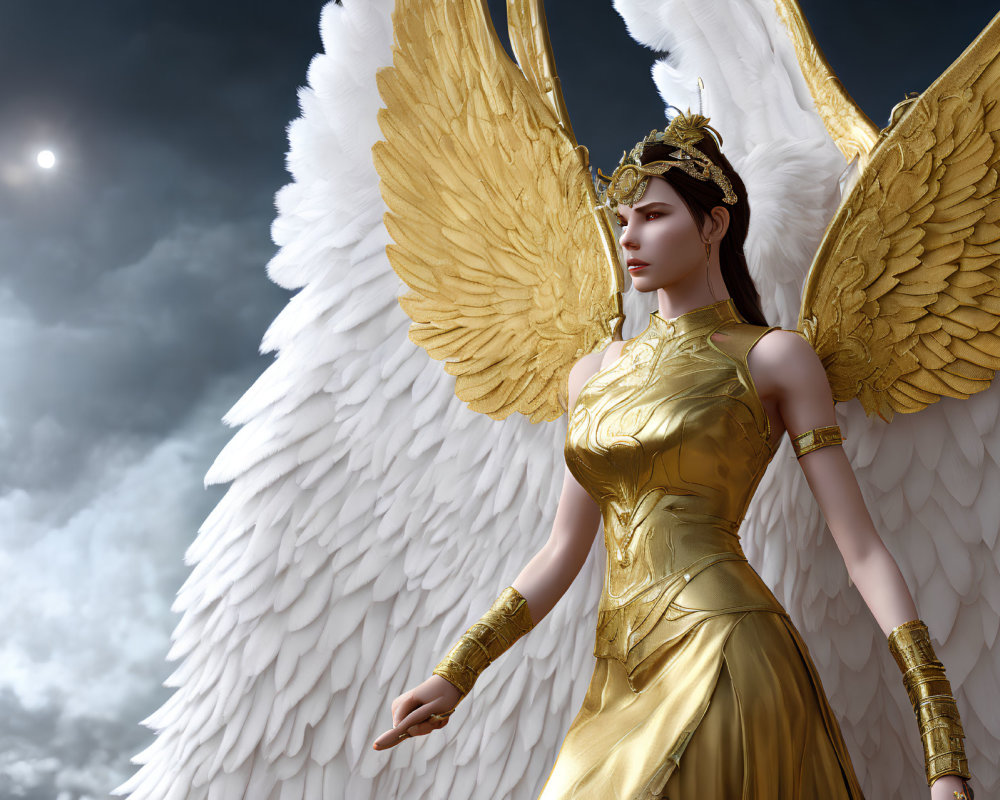 Majestic winged figure in golden armor under dramatic sky