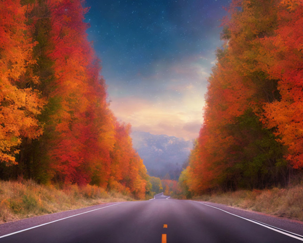 Scenic road with autumn trees under twilight sky