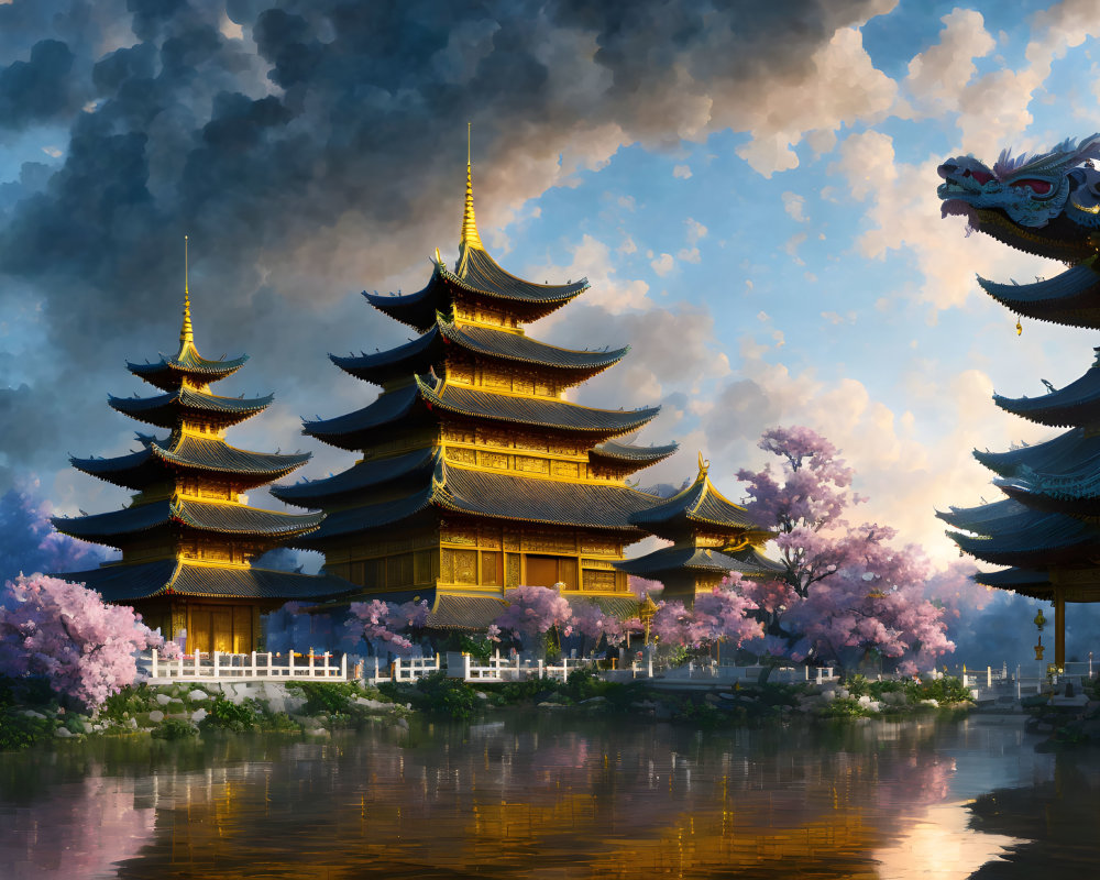 Asian Pagodas and Cherry Blossoms by a Tranquil River at Dusk