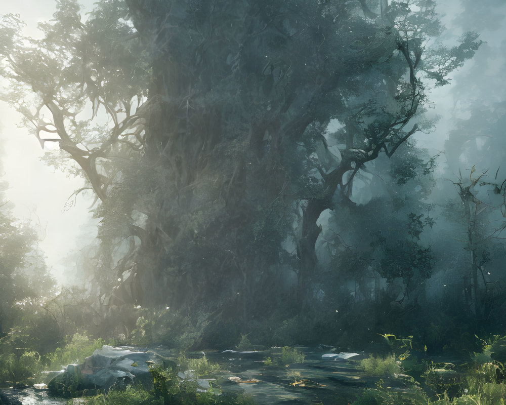 Tranquil forest scene with mist, sunlight, stream, greenery, ancient tree