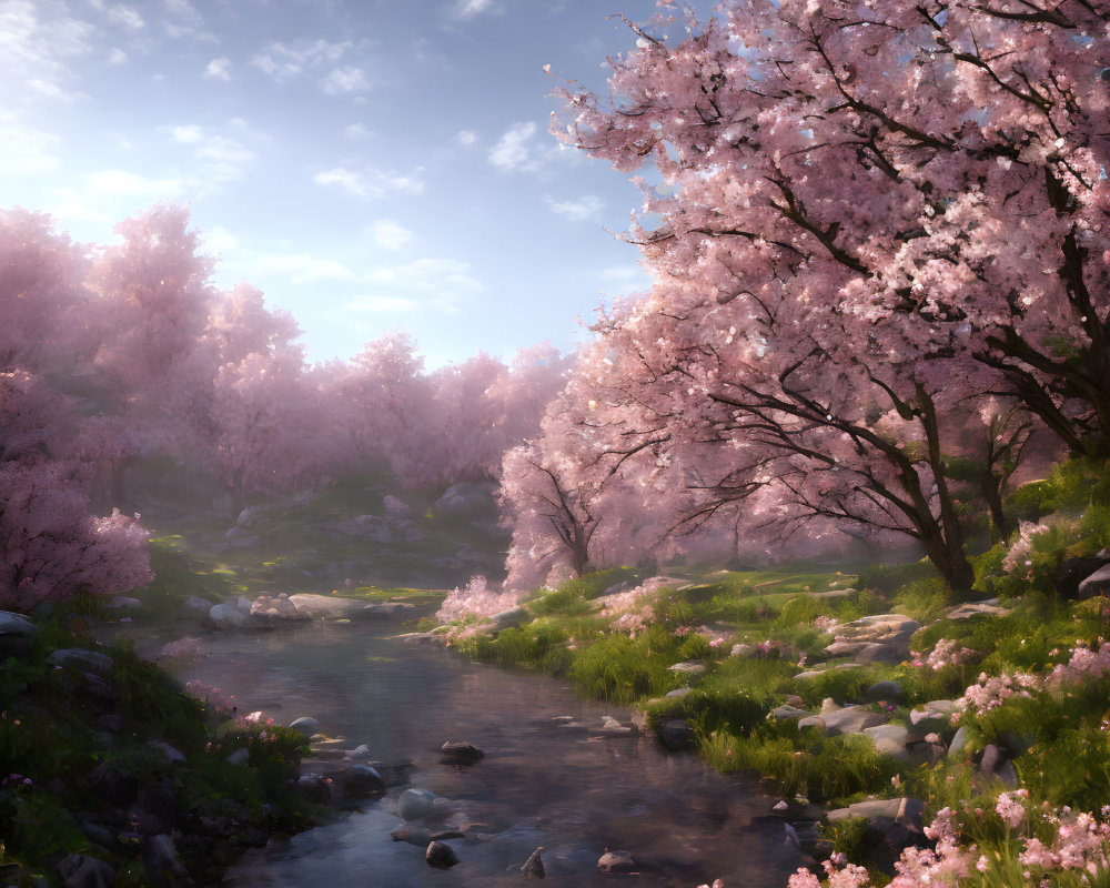 Tranquil landscape with stream and cherry blossom trees