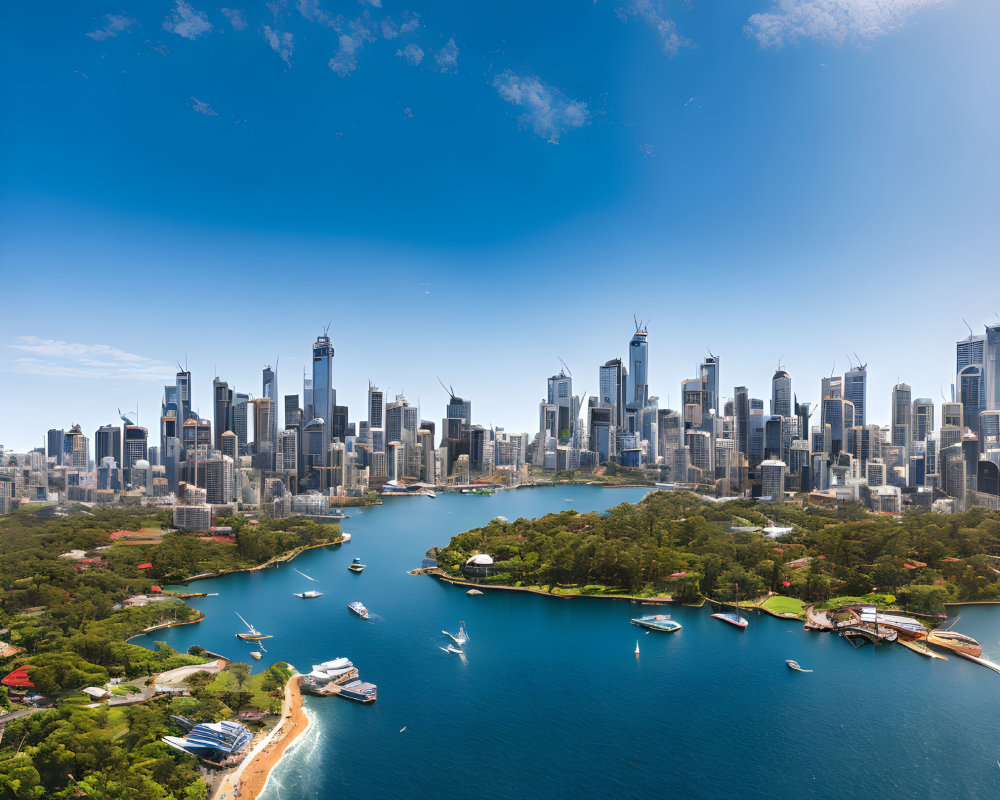 Modern city skyline with skyscrapers, bay, boats, and parklands under clear blue sky