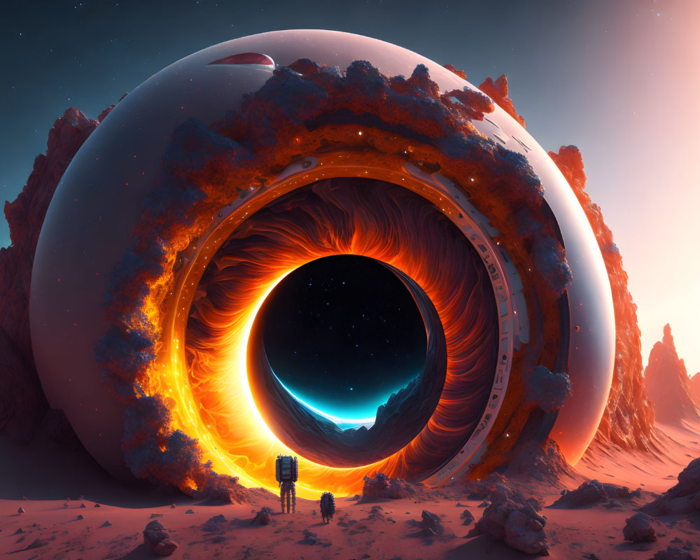 Futuristic portal on desert alien planet with glowing lights and figures under starry sky